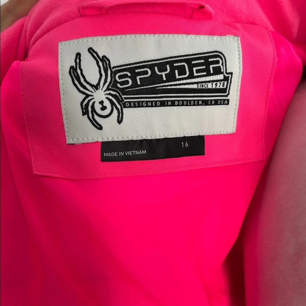 Spyder Girls Insulated Ski Jacket Pink Green Faux Fur Hood Size 16 - Picture 3 of 16